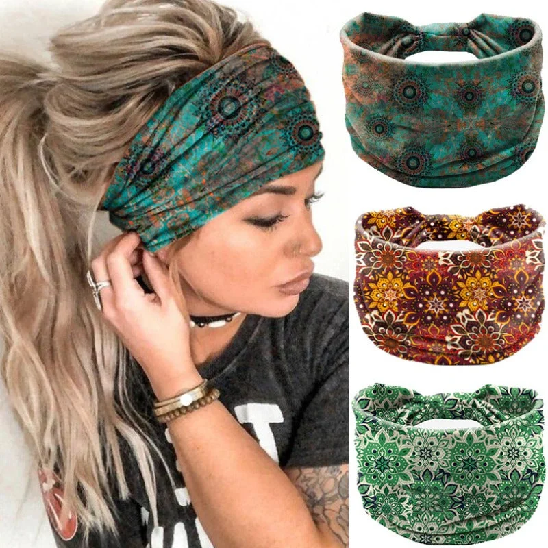 Wholesale Bohemian Personality Mandala Flower Elastic Sweat-absorbent Wide Brim Headband