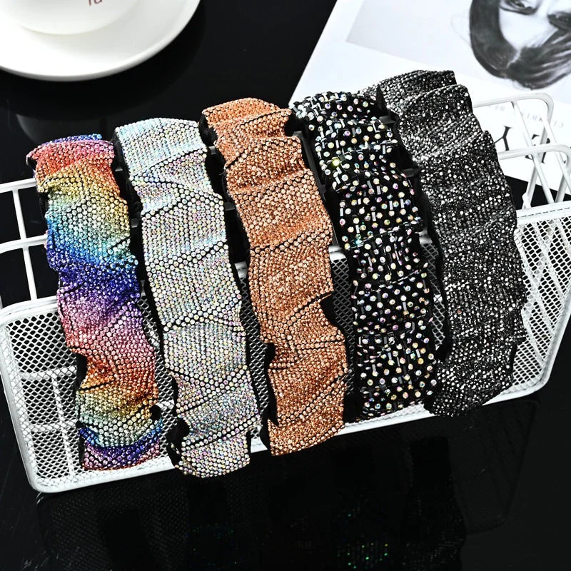 Wholesale Colorful Pleated Full Diamond Sparkling and Dazzling Personality High-end Wide Edge Headband