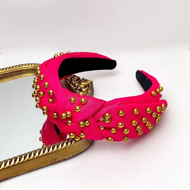 Gold Tone Detailed Knot Headband in Hot Pink