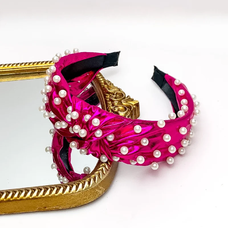 Pearl Detailed Knot Headband in Hot Pink