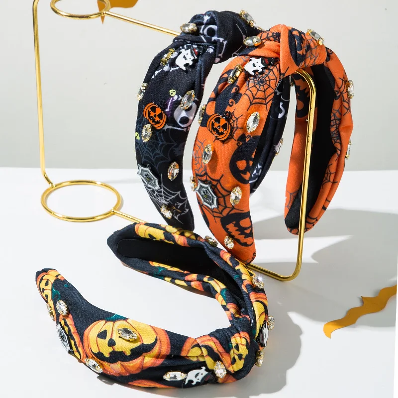 Wholesale New Halloween Print Spider Web Fabric Hair Ornament with Diamond Sticky Pumpkin Demon Headband