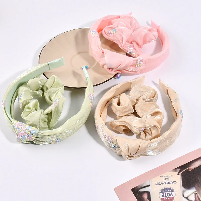 Wholesale Embroidered Bow Knot Fabric Hair Tie Headband Combination Set