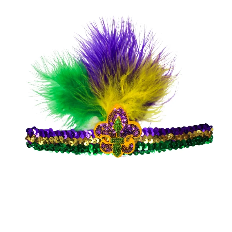 Purple, Green and Gold Sequin Headband with Fleur de Lis and Feathers (Each)