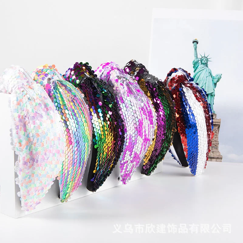 Wholesale Hot Selling Colorful Prom Sequins Knotted High Skull Top Vintage Fashion Flag Headband