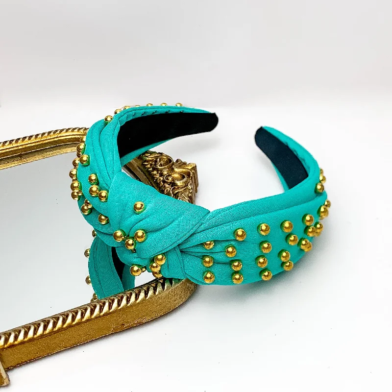 Gold Tone Detailed Knot Headband in Turquoise Blue