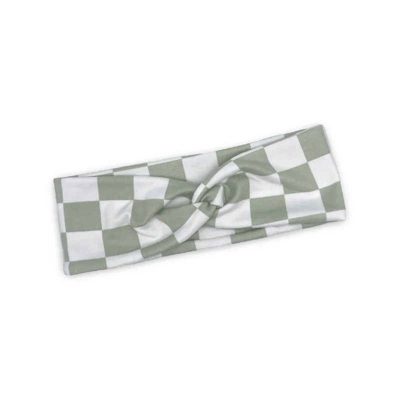 Sage Green Checkered Knotted Headband