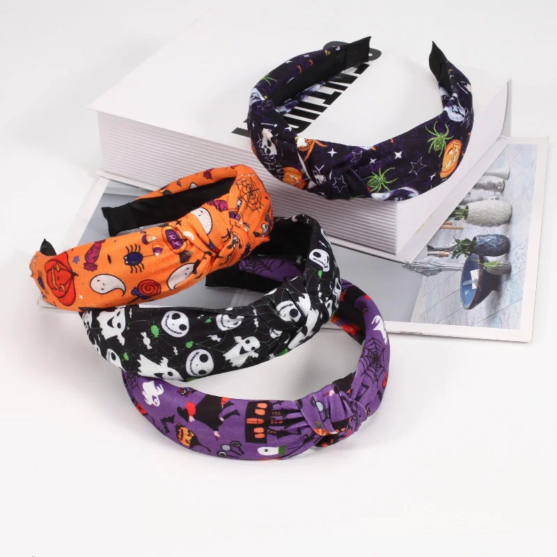 Wholesale Halloween Knotted Print Ghost Pumpkin Bat Spider Web Cat Pattern Headband