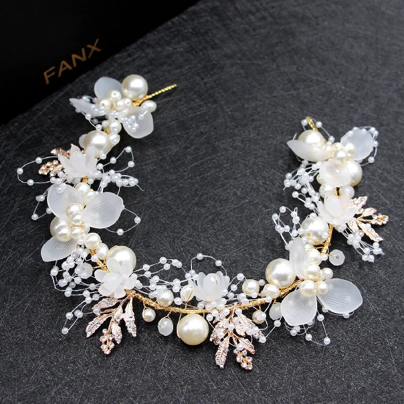 Wholesale Pearl Flowers Handwoven Gold Leaves  Headband