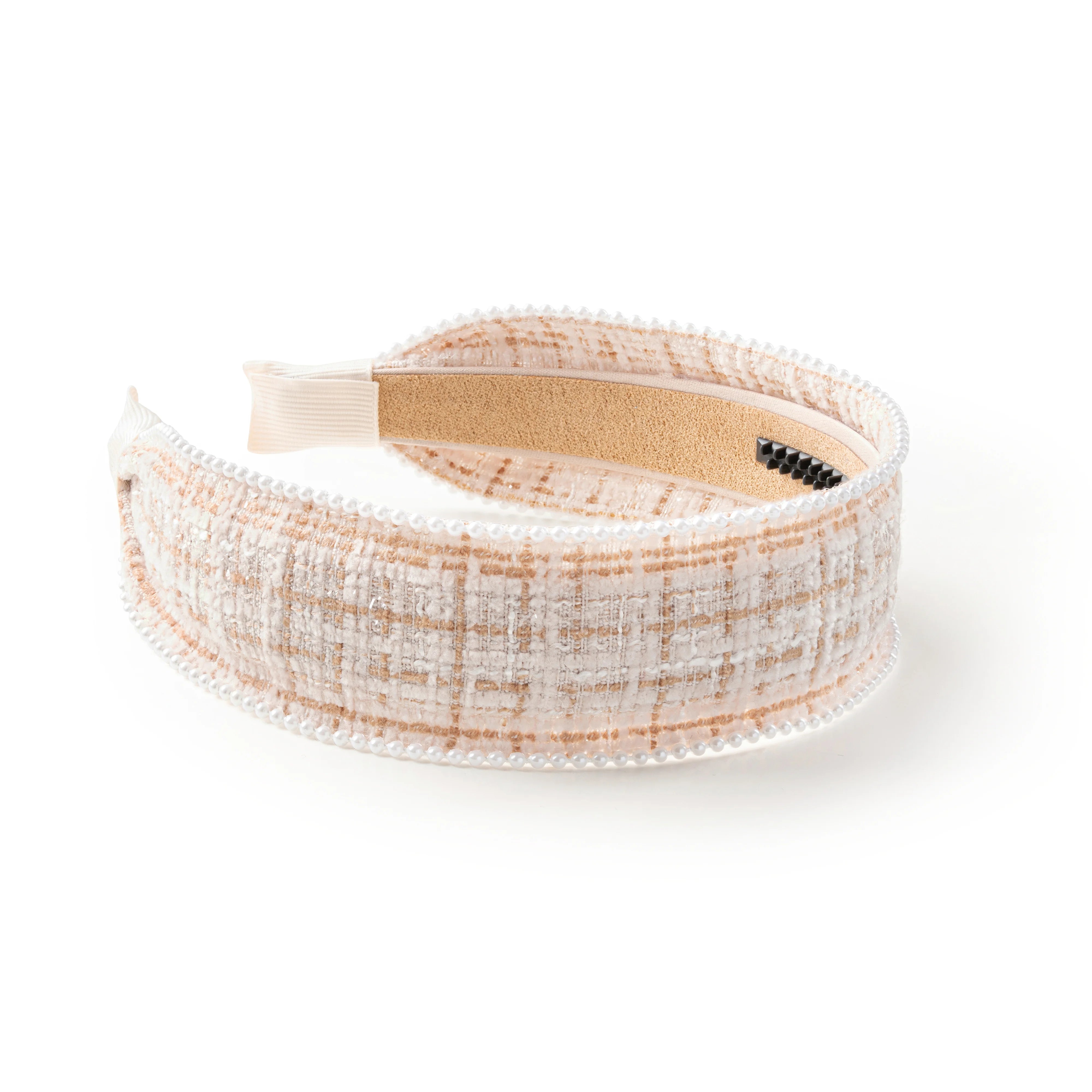 Halo Luxe Estella Tweed Pearl Trimmed Headband - Tan/Ivory