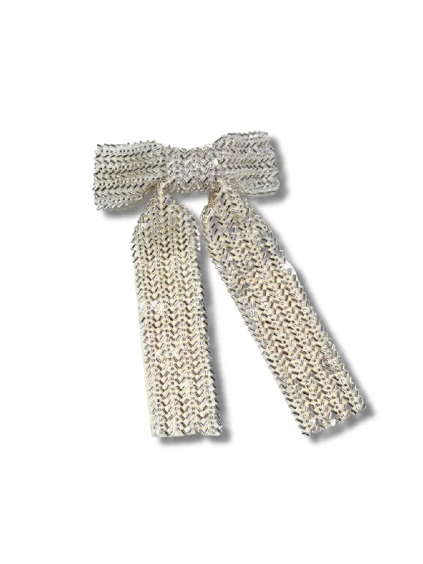 Hand-Beaded Silver Hair Bow Barrette