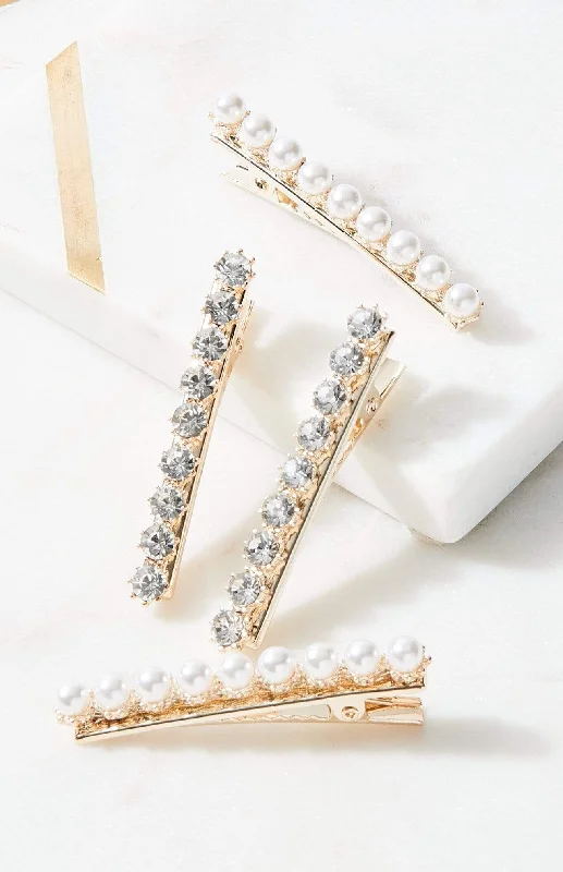 4pc Pearl + Gem Hair Clip Set