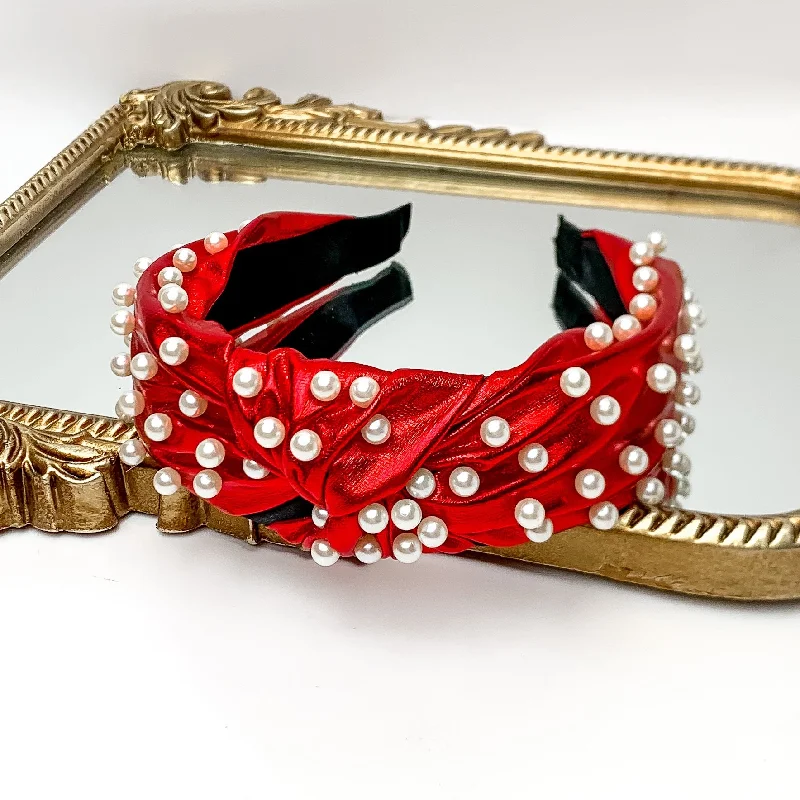 Pearl Detailed Knot Headband in Red