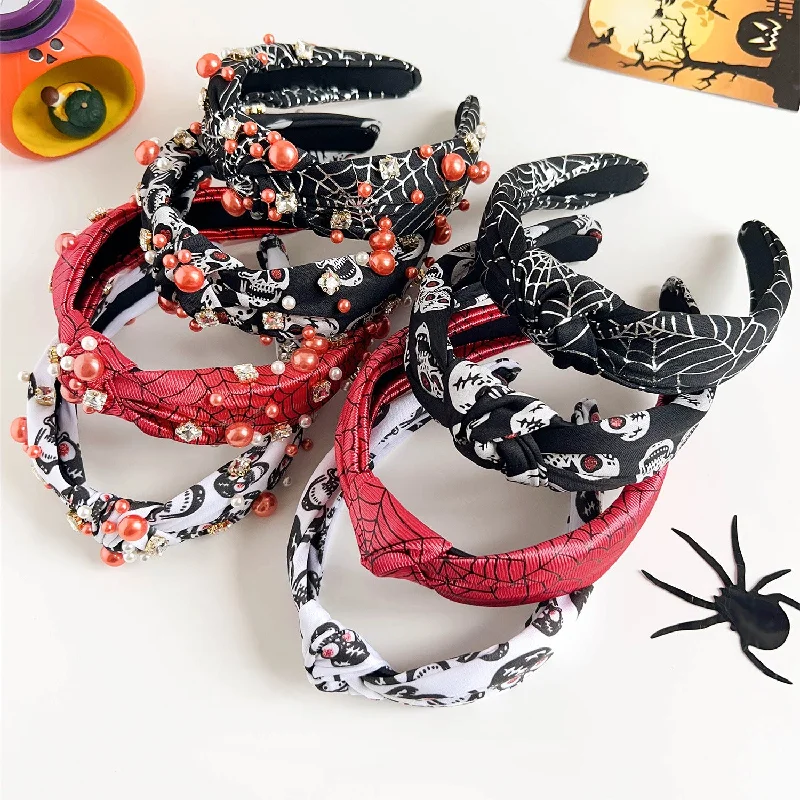 Wholesale Halloween Dark Style Spider Web Skull Fashion New Knotted Wide-brimmed Pearl Headband