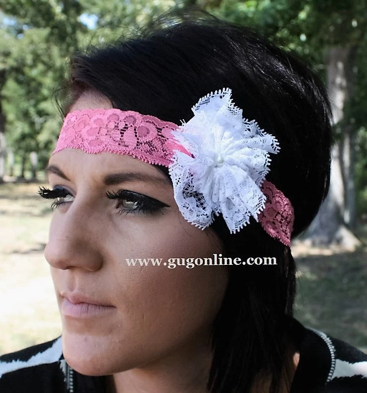 Pink Lace Headband with White Lace Flower