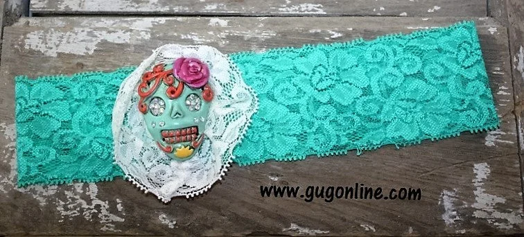 Mint Lace Headband with Mint Sugar Skull Trimmed in Ivory Lace | ONLY 1 LEFT!